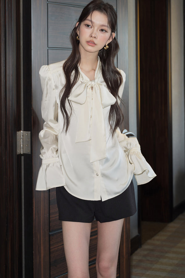French Bow Long-Sleeved Shirt and Shorts Set-Up