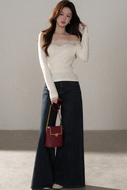 One-Shoulder Lace Knit Top and Jeans Set-Up