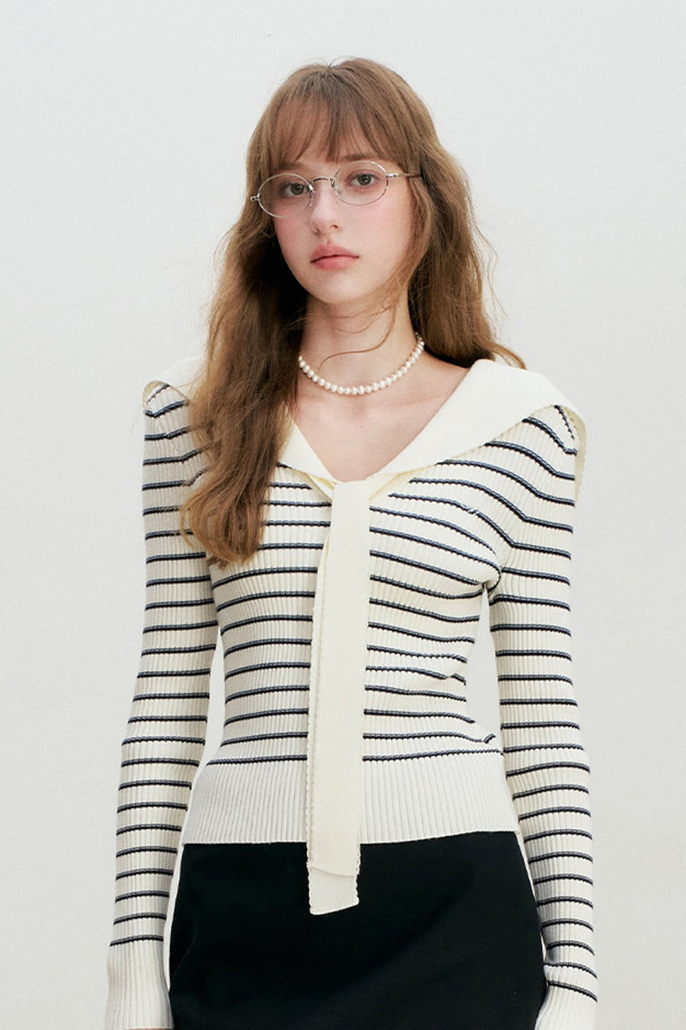 Navy Striped Sailor Collar Knit Top