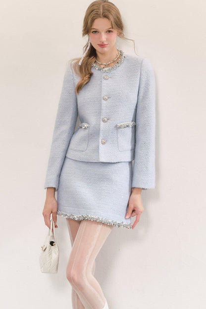 Blue Sequin Tweed Coat and Skirt Set-Up