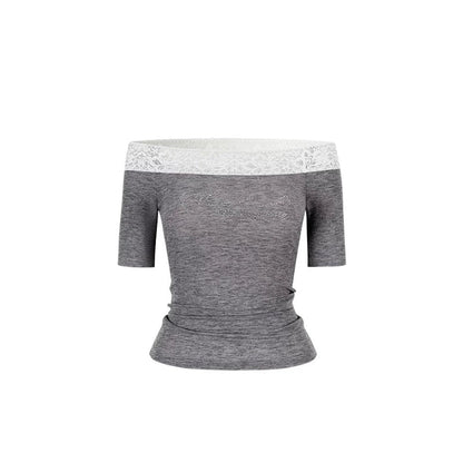 One-Shoulder Lace Rhinestone Short-Sleeve T-Shirt