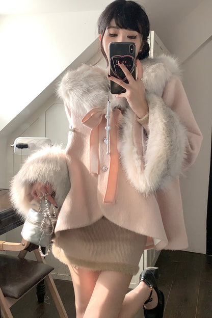 Bow Detail Quilted Woolen Cape Coat