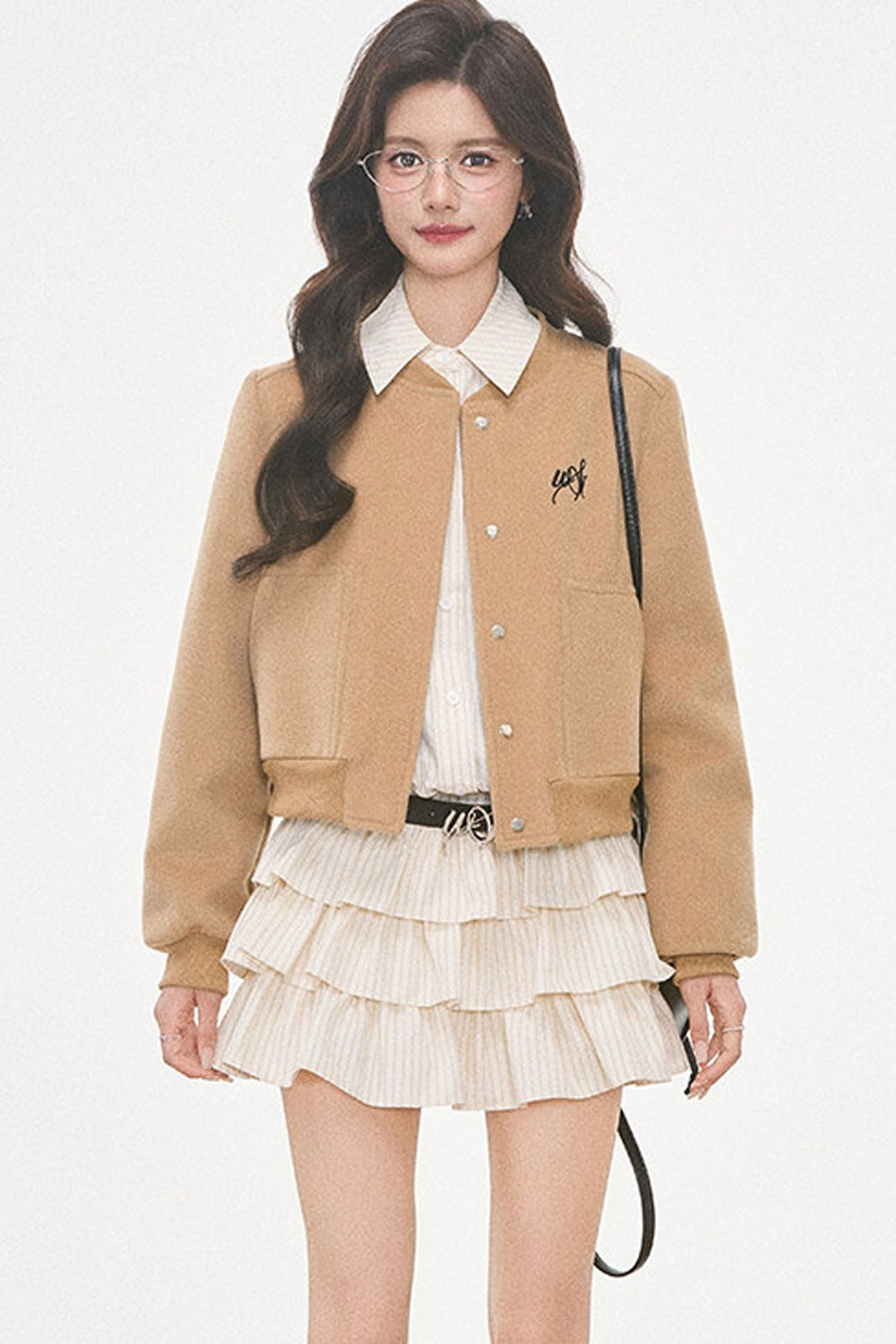 Woolen Baseball Jacket with Tiered Shirt Dress Set-Up