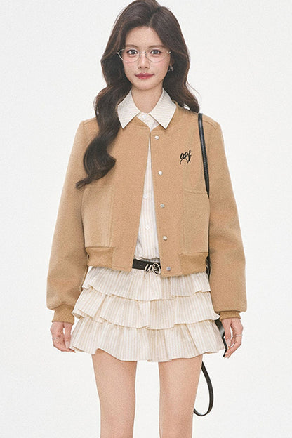 Woolen Baseball Jacket with Tiered Shirt Dress Set-Up