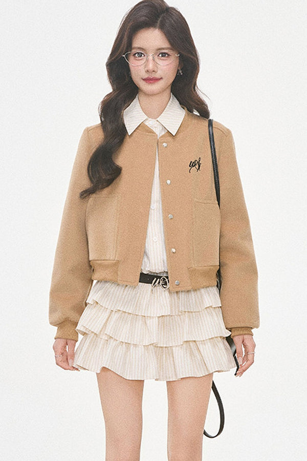 Woolen Baseball Jacket with Tiered Shirt Dress Set-Up