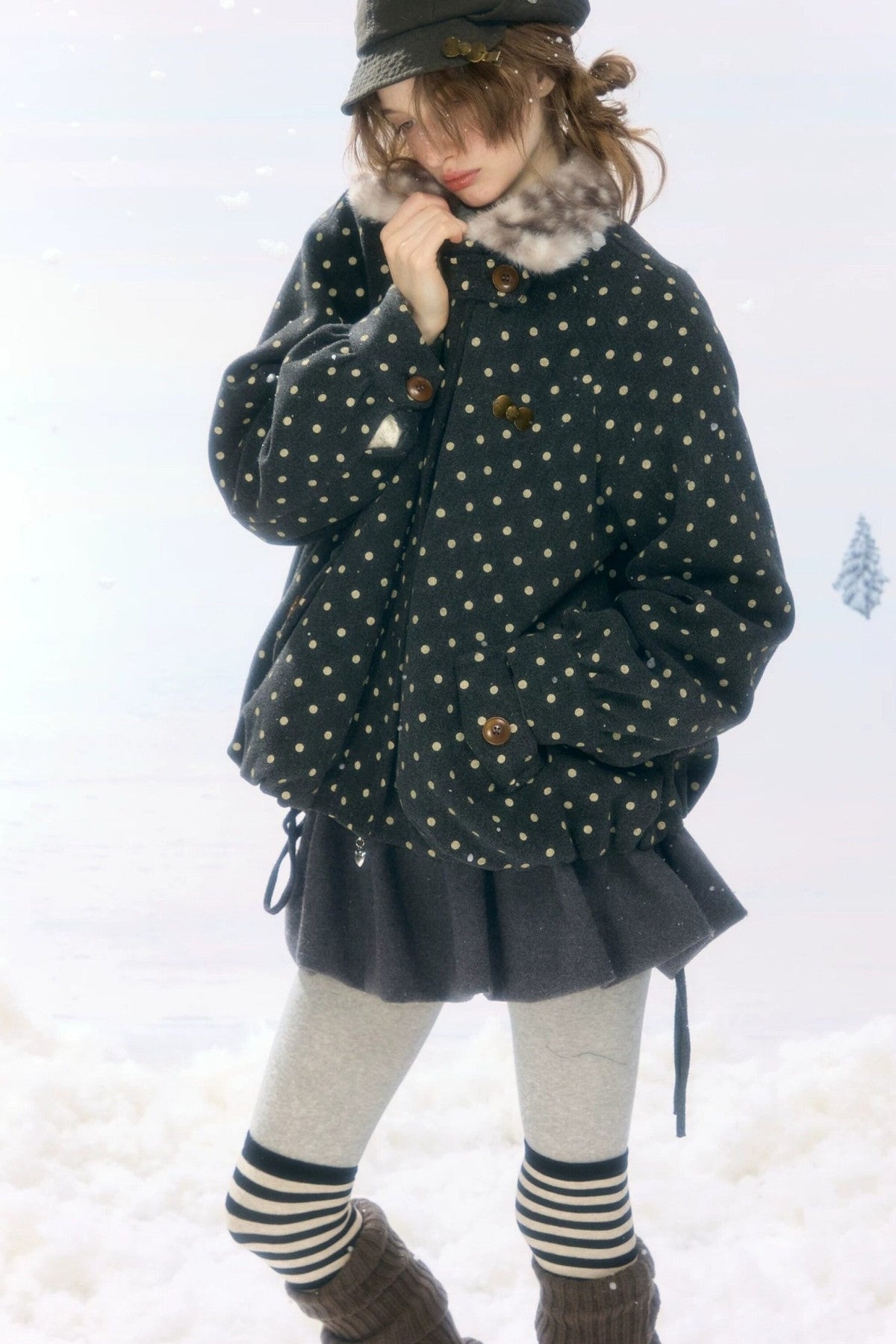 Short Polka Dot Plush Collar Cotton Jacket