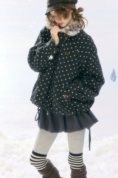 Short Polka Dot Plush Collar Cotton Jacket