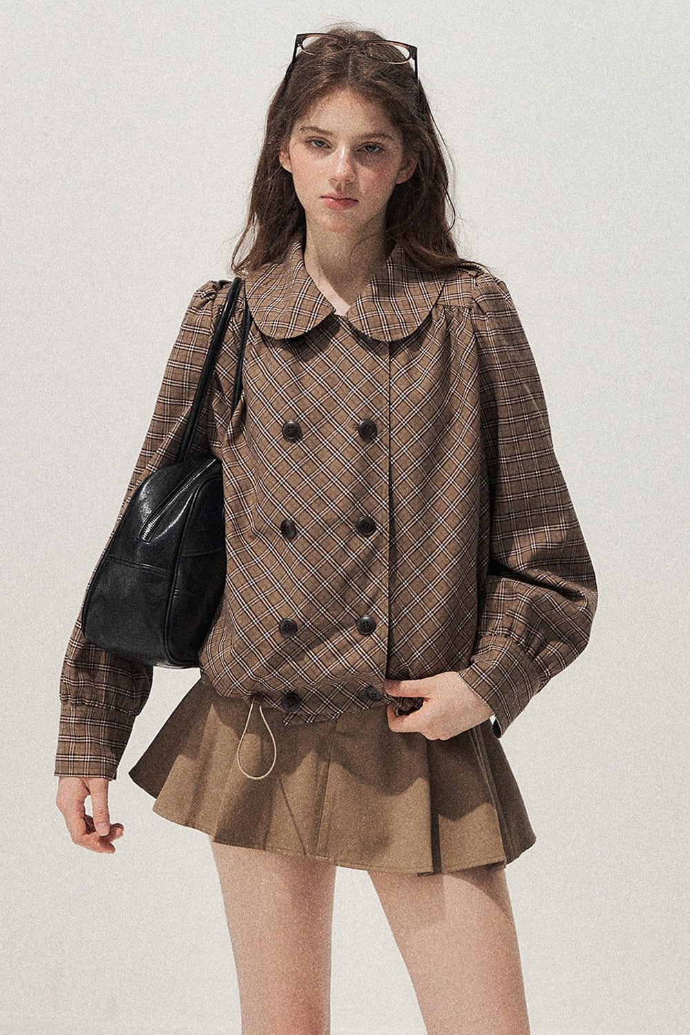 Brown Doll Collar Trench Coat and Skirt Set-Up