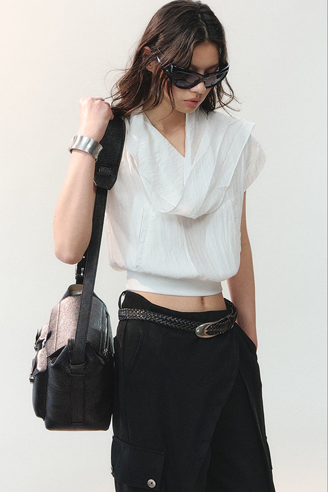 Drape Collar Short Sleeve Shirt With Tie
