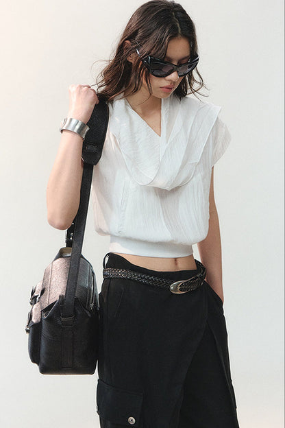 Drape Collar Short Sleeve Shirt With Tie