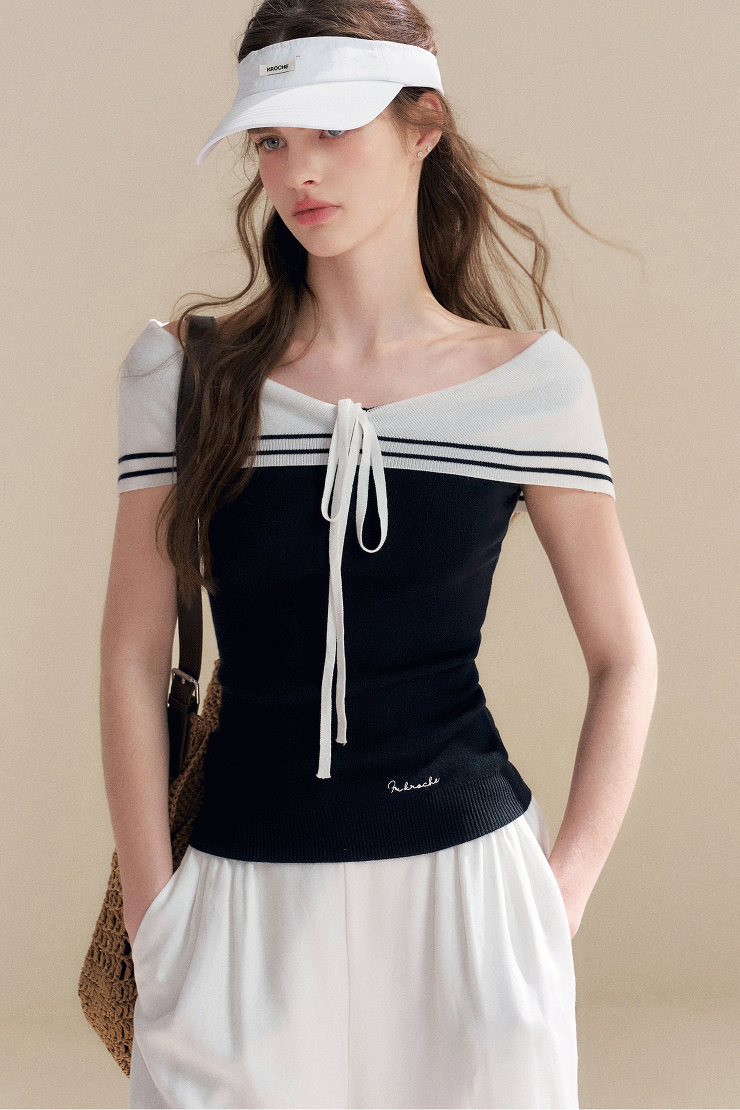 Navy Lyocell Off-Shoulder Knit Top