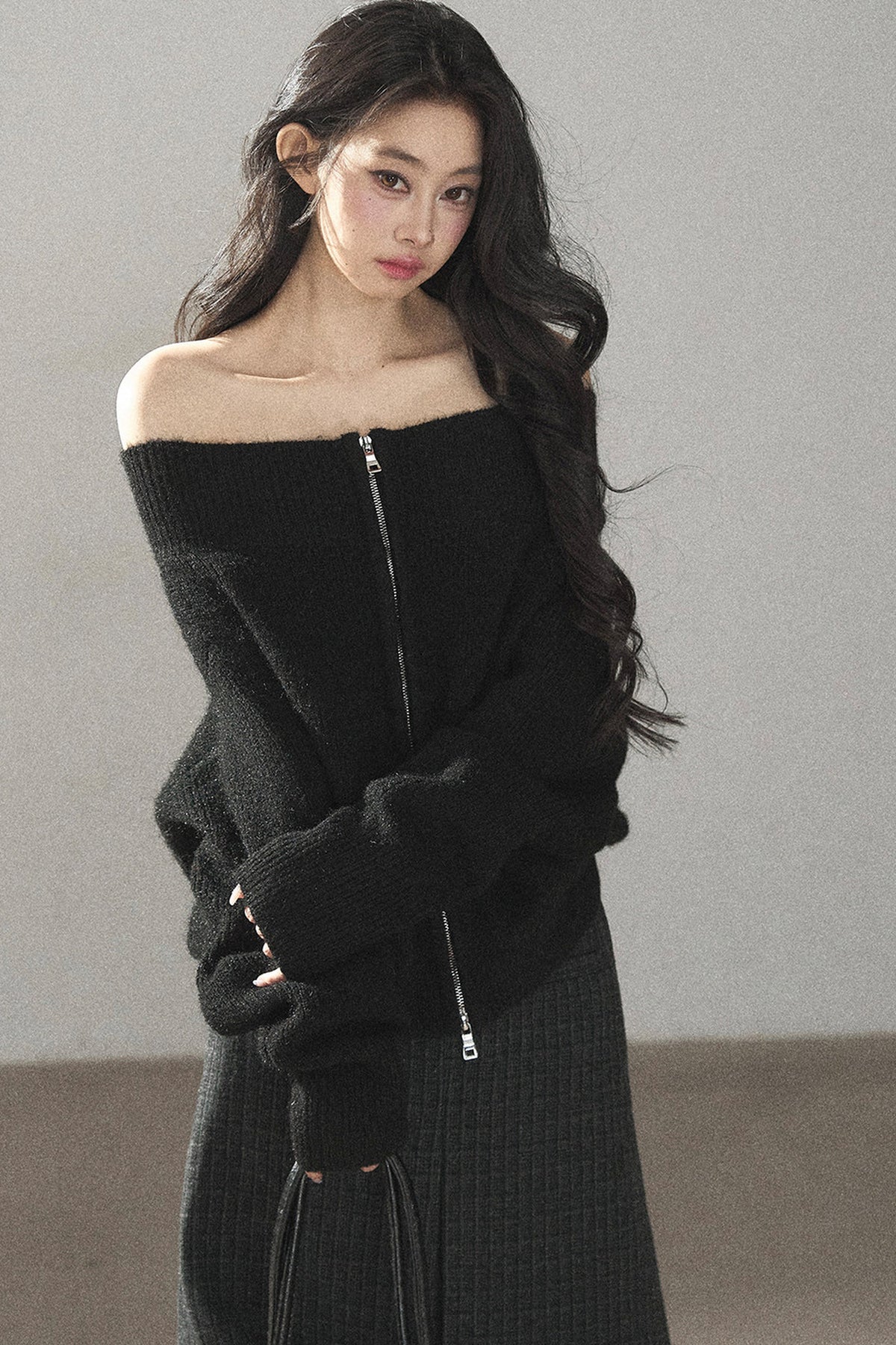 Relaxed Wool Blend Off-Shoulder Double-Zip Jacket