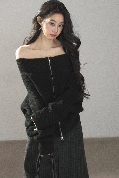 Relaxed Wool Blend Off-Shoulder Double-Zip Jacket