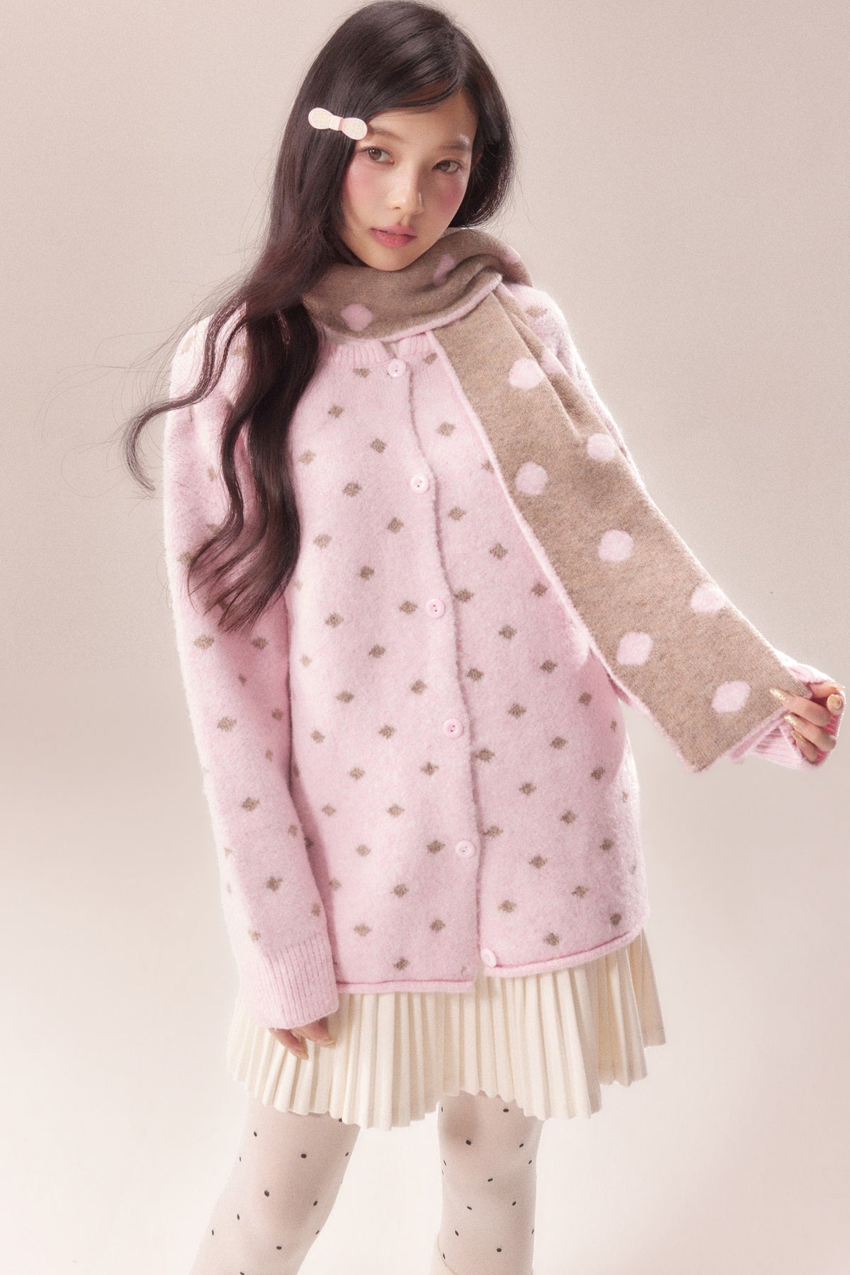 Polka Dot Scarf Knit Cardigan