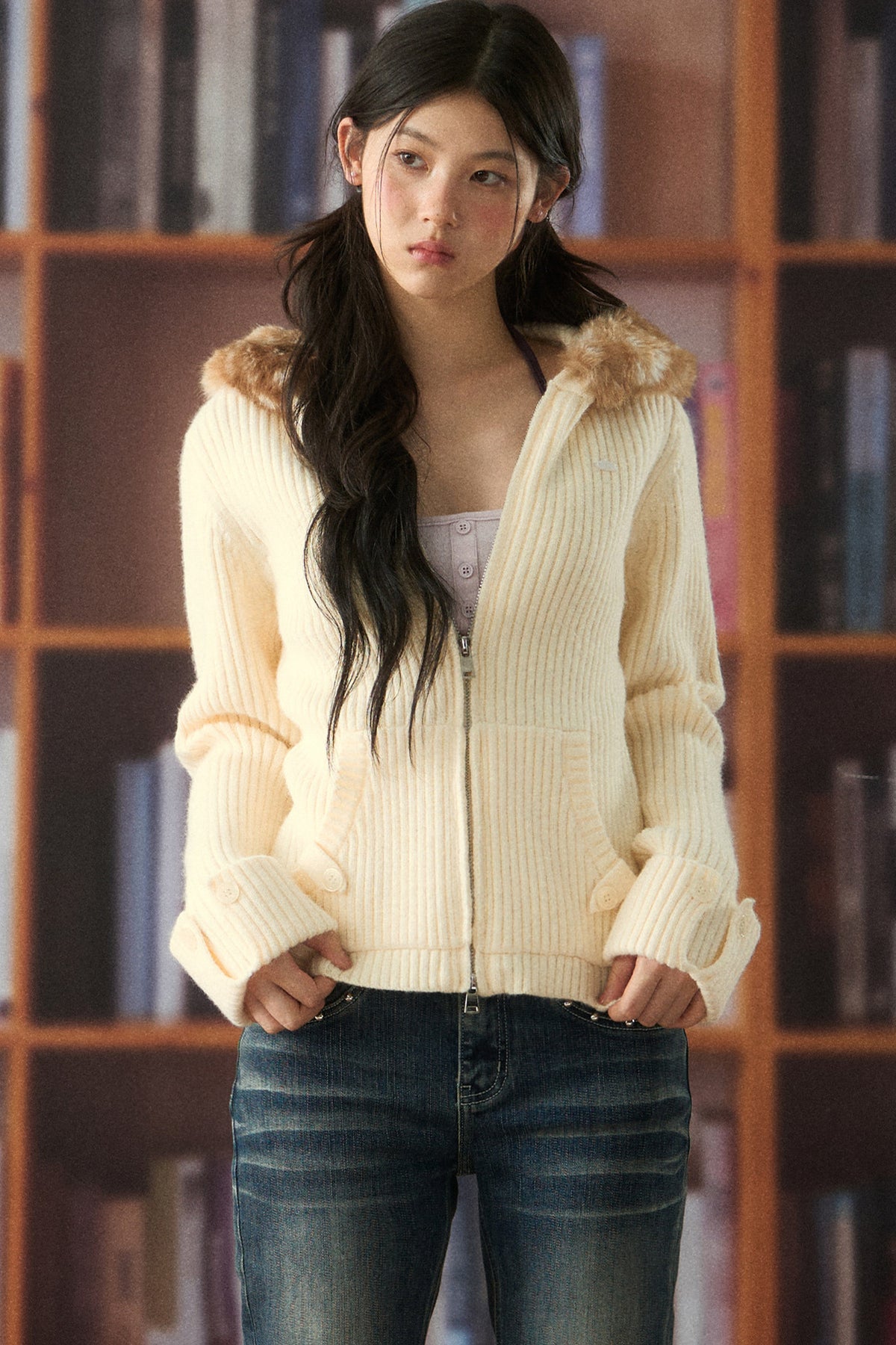 Ribbed Zip Hooded Knit Cardigan Set-Up