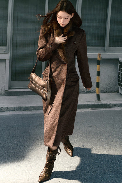Long Woolen Fur Collar Blazer-Style Coat