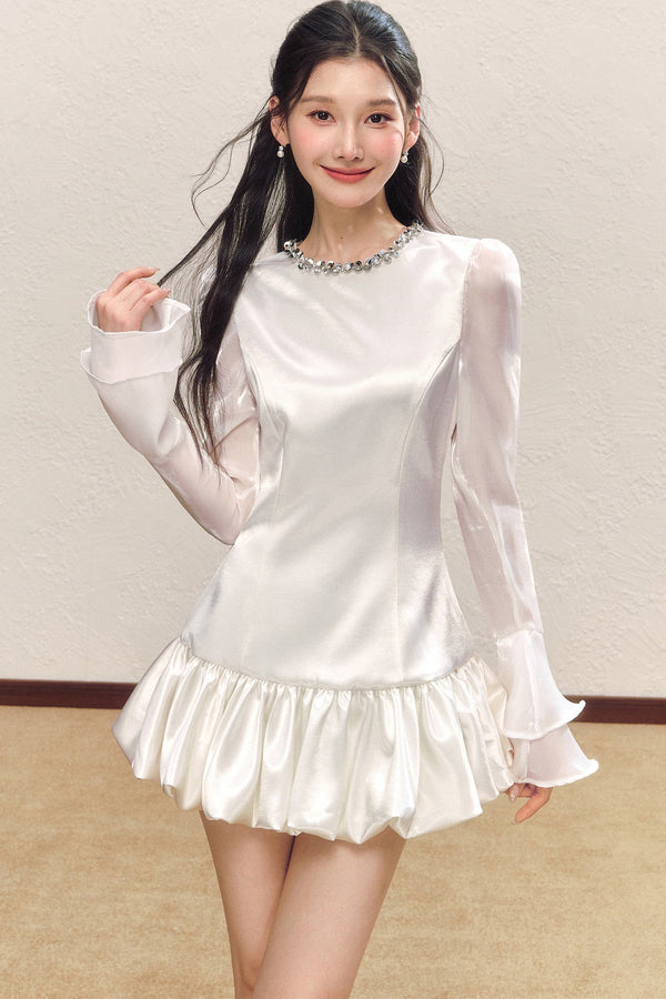 Pearl White Satin Long-Sleeved Flower Bud Dress