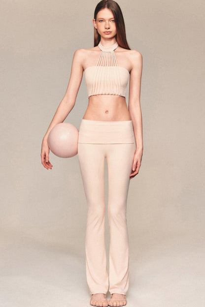 Pleated Tassel Halter Top and Flared Pants Set-Up
