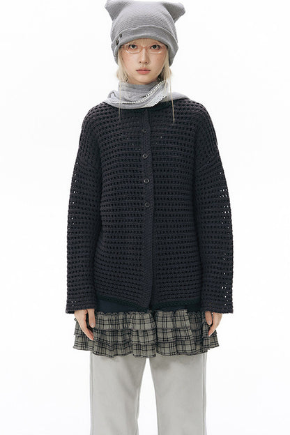 Solid Color Hollow Knit Cardigan