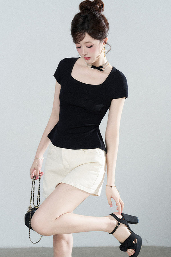 Square Neck Knit Top and Polka Dot Skirt Set-Up