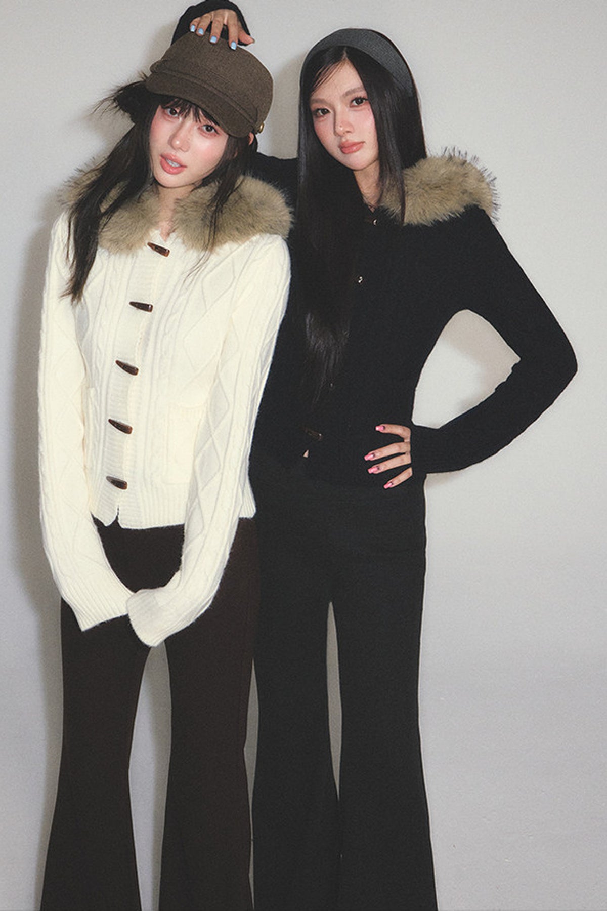 Retro Horn Button Fur Collar Knitted Cardigan