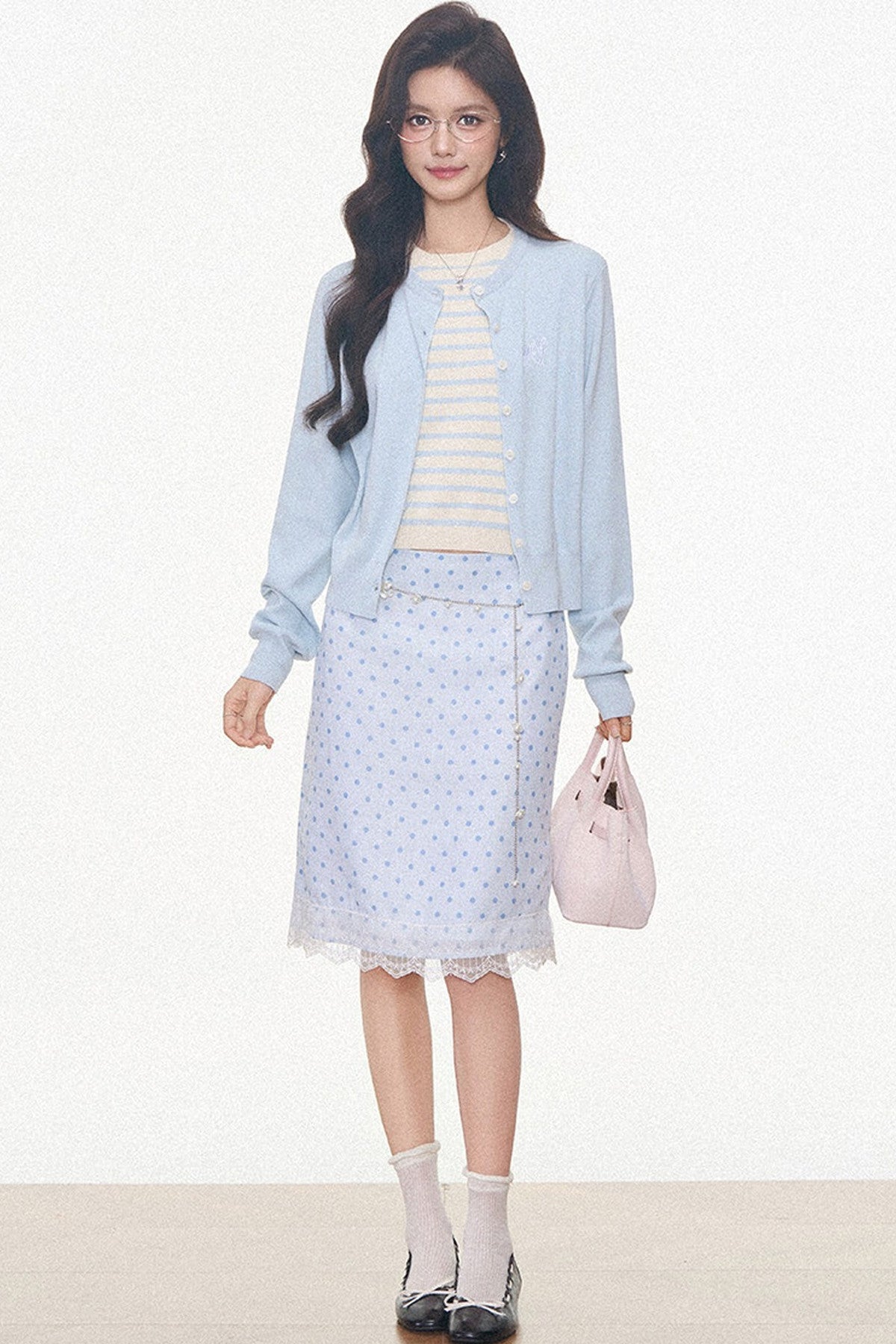 Light Blue Knitted Cardigan and Polka Dot Midi Skirt Set-Up