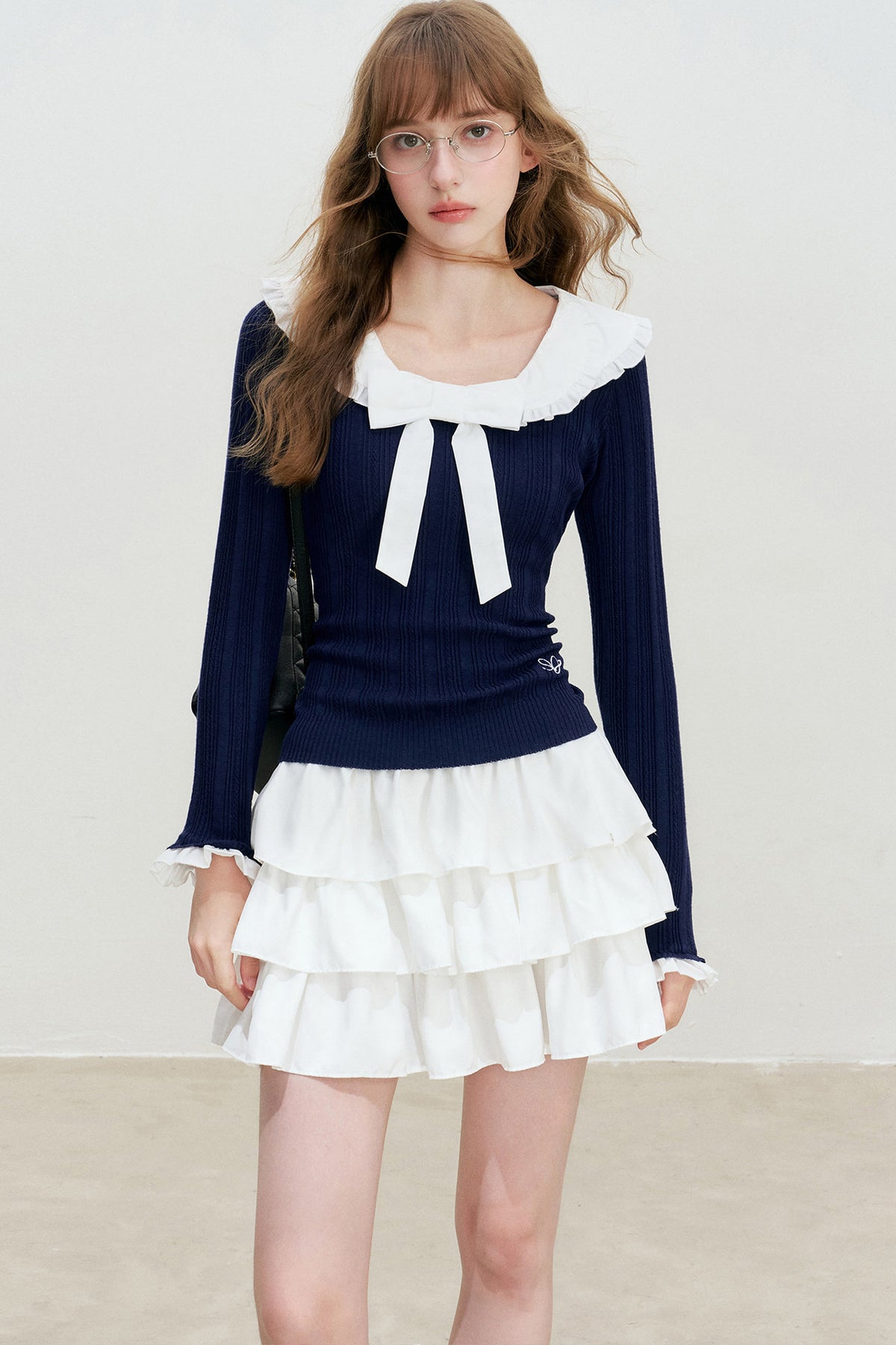 Doll Collar Detachable Bow Knit Top