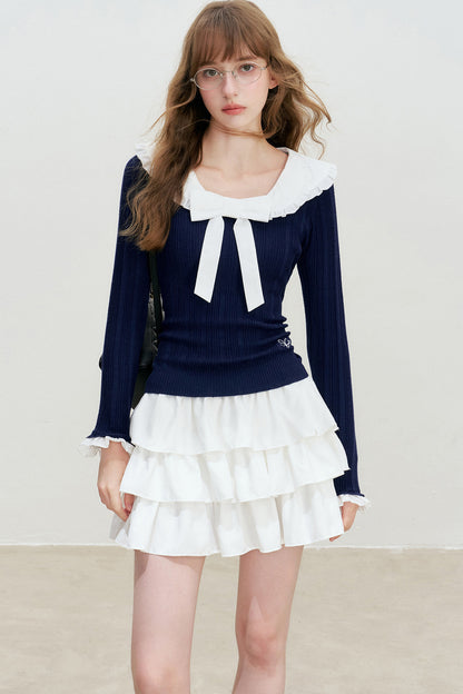 Doll Collar Detachable Bow Knit Top