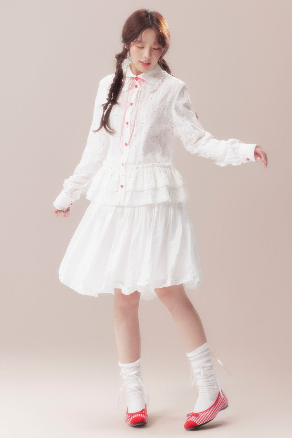 Bow Polka Dot Shirt and Skirt Set-Up