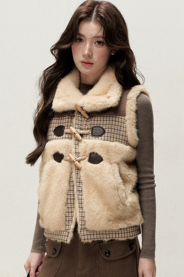 Retro Plaid Faux Fur Toggle Vest