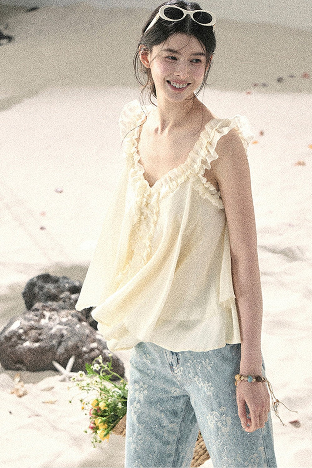 French Ruffled V-Neck Blouse
