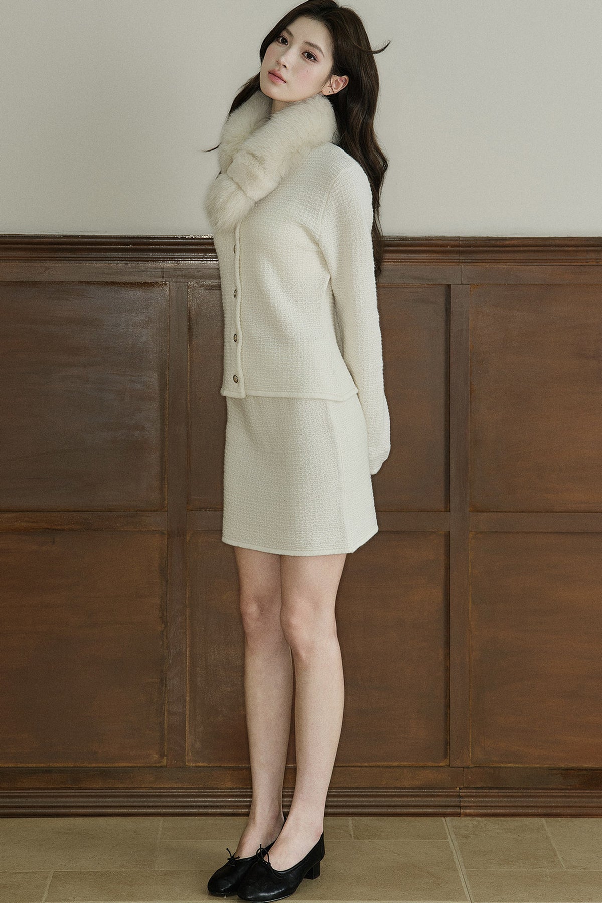 Conjunto de chaqueta y falda de lana texturizada