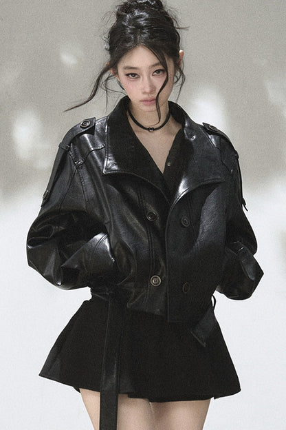 Double-Breasted Stand-Collar Leather Jacket