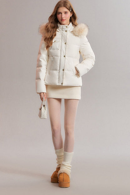 Detachable Fur Collar White Duck Down Hooded Jacket