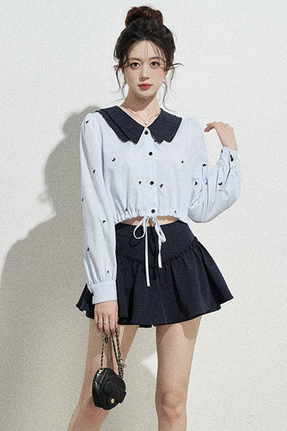 Doll Collar Drawstring Long-Sleeve Shirt and Skirt Set-Up