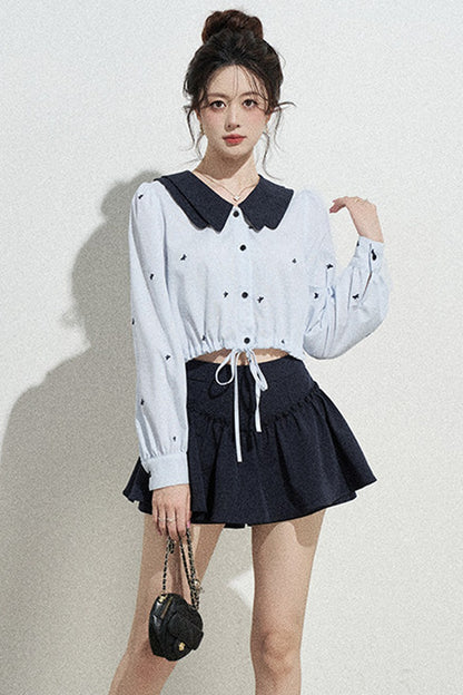 Doll Collar Drawstring Long-Sleeve Shirt and Skirt Set-Up