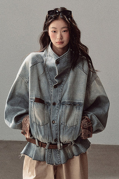 Klein Blue High Collar Denim Jacket