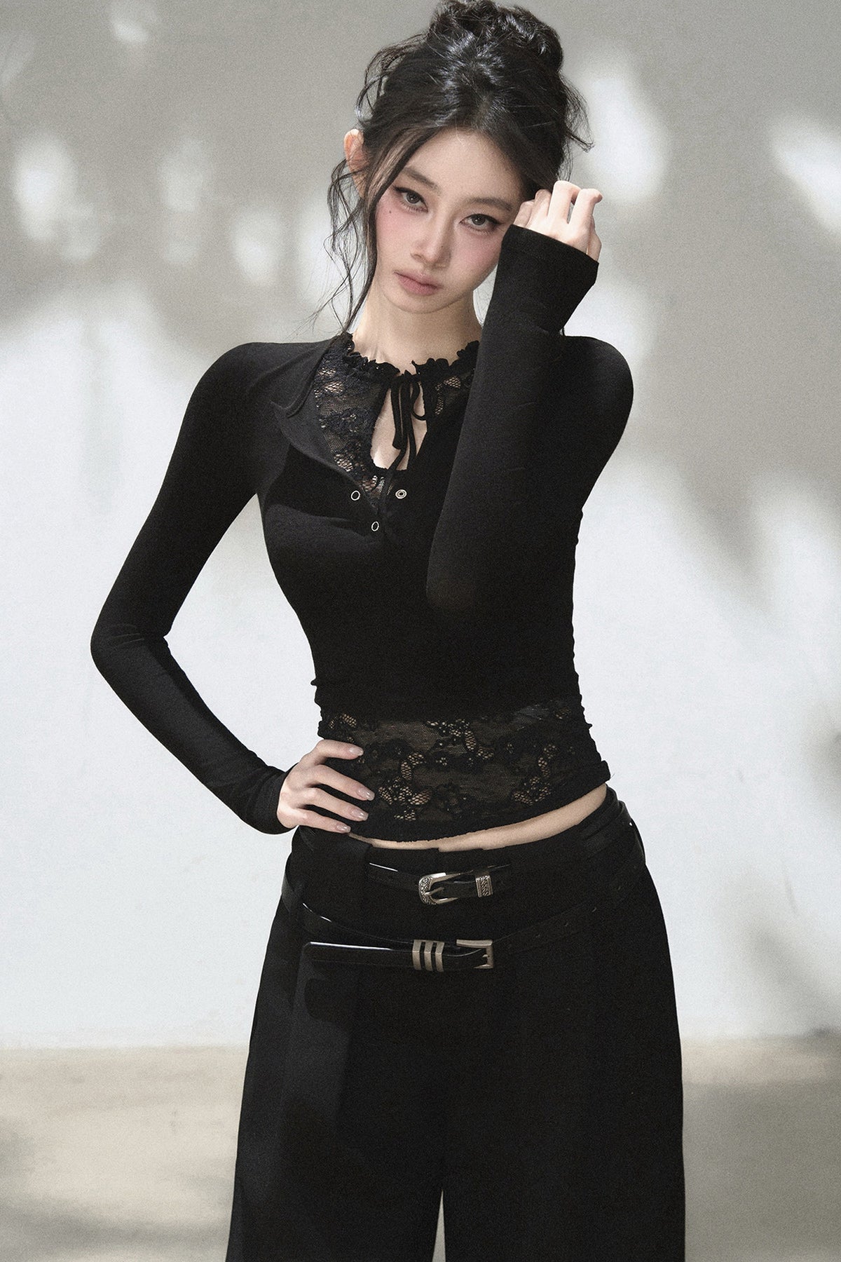 Layered-Look Lace Knit Top