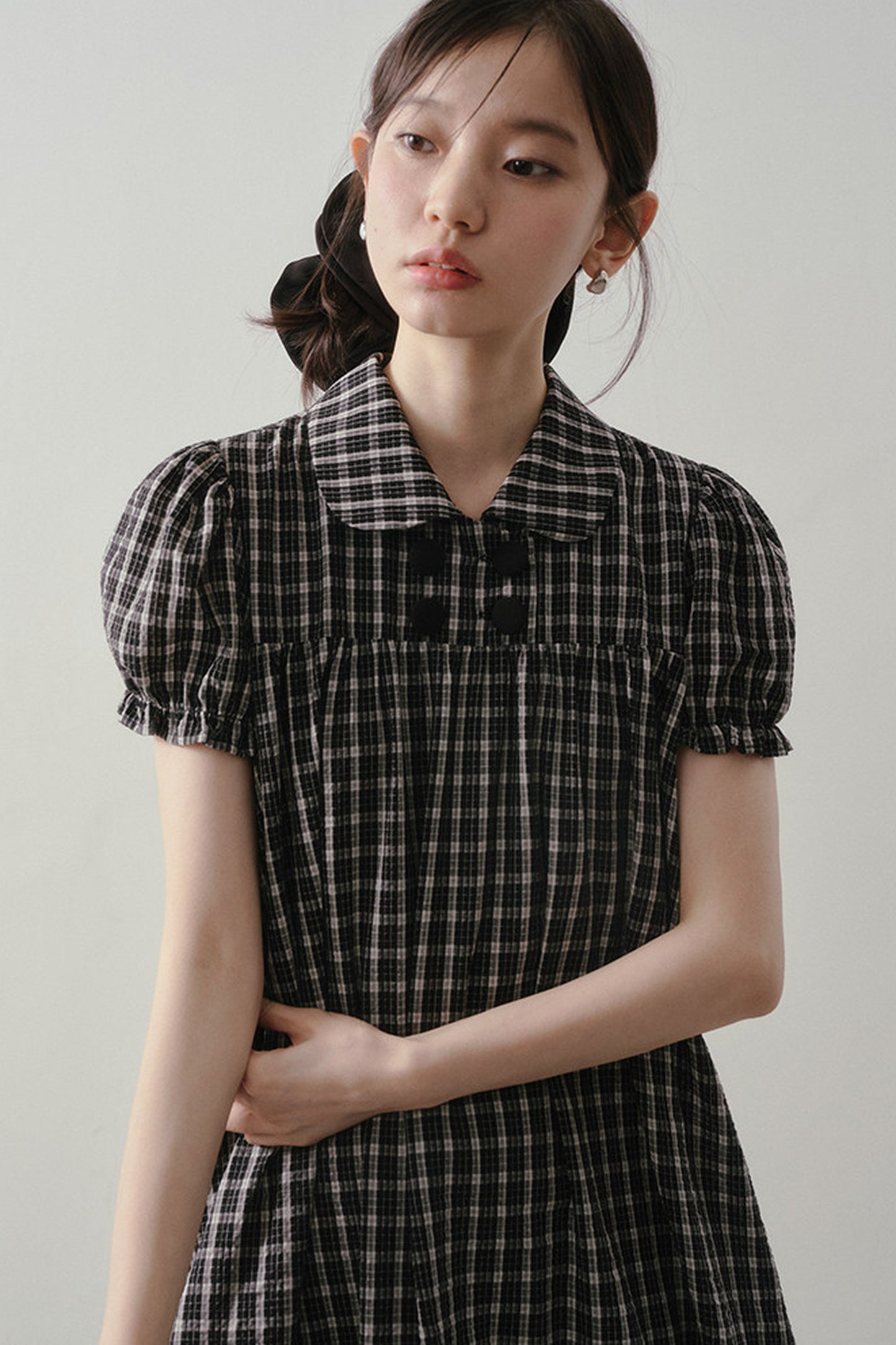Plaid Doll Collar Puff Sleeve Ruffle Dress