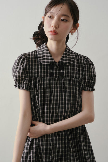 Plaid Doll Collar Puff Sleeve Ruffle Dress