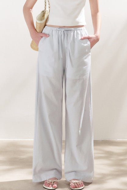 High-Waisted Linen Cotton Drawstring Wide-Leg Pants