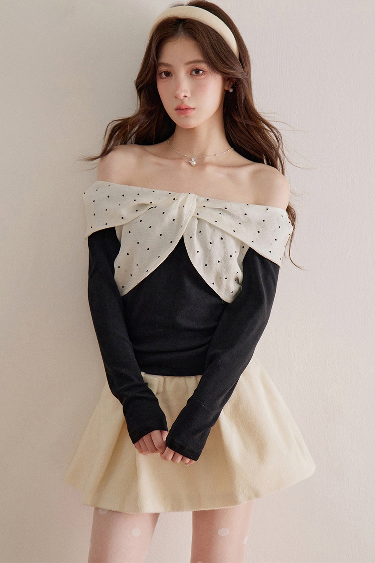 Polka Dot Bow Long-Sleeve Top