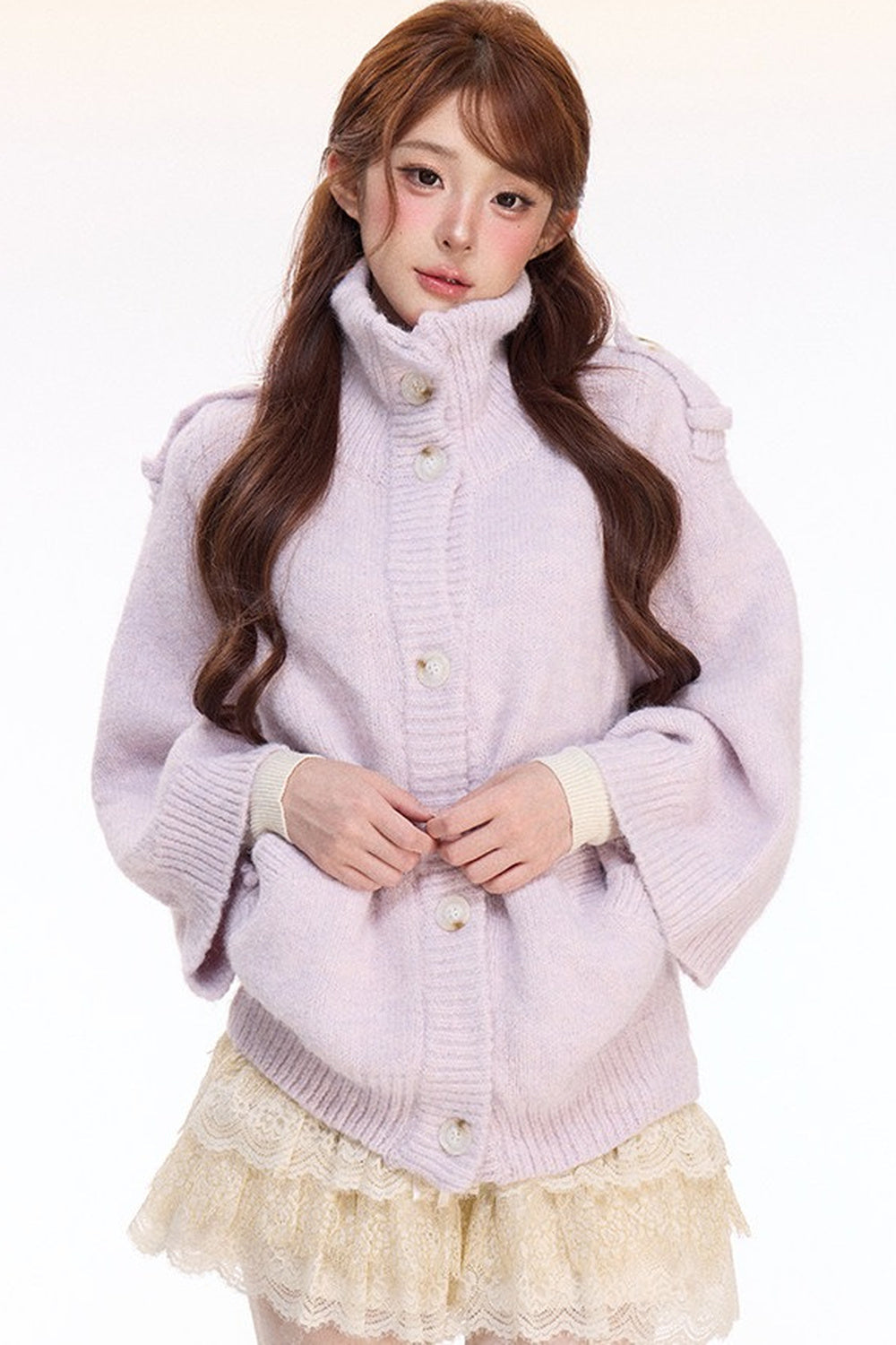 Woolen Cape Top and Lace Cake Skirt Set-Up