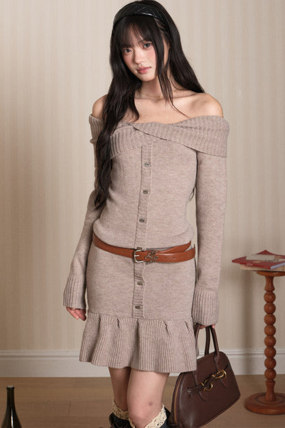 Ruffled Off-Shoulder Knit Dress