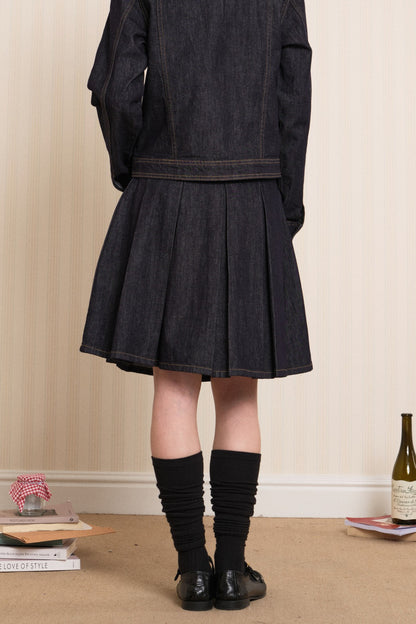 Washed Denim Pleated A-Line Skirt