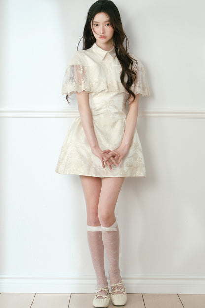 Champagne Satin Jacquard Cape Dress