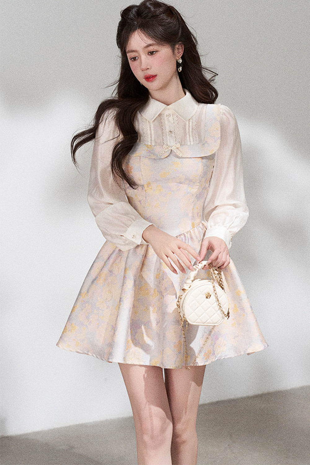 Layered-Look Long-Sleeve Jacquard Dress