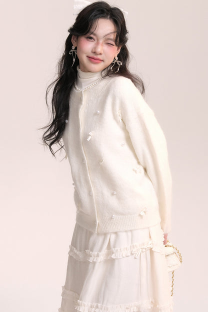 Ballet Bow Knit Cardigan With Skirt Set