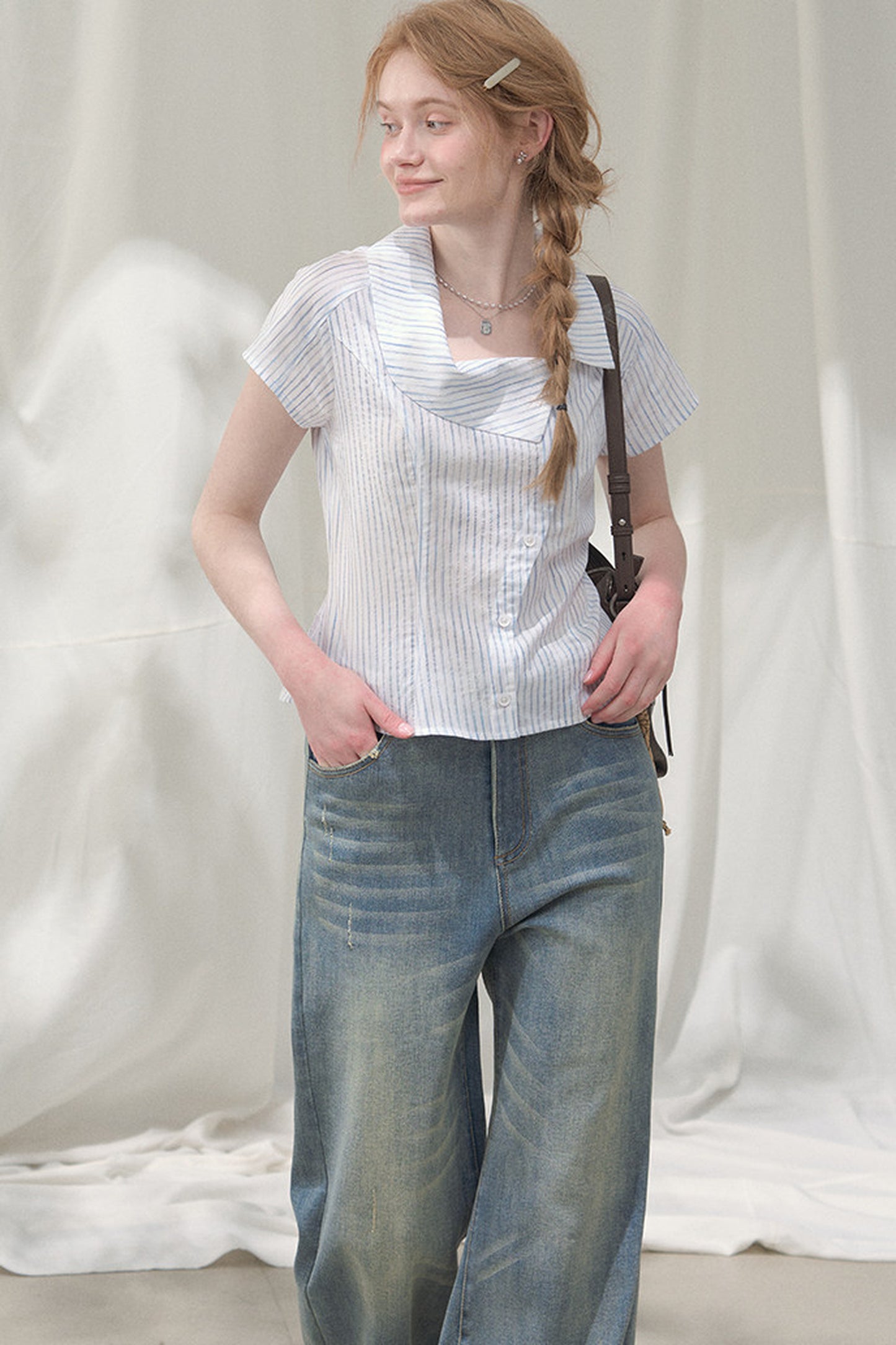Square-Neck Plaid Blouse