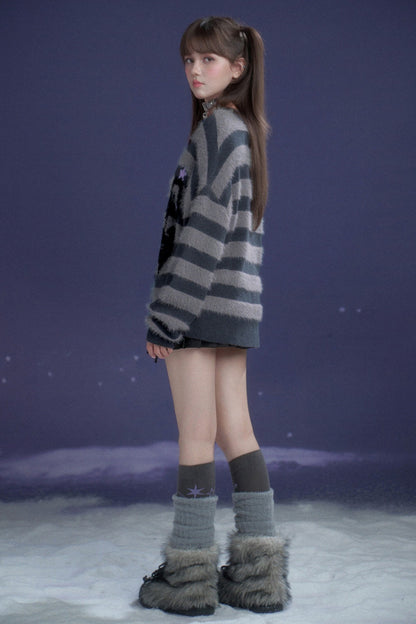 Halloween Meow Black Gray Striped Sweater With Scarf